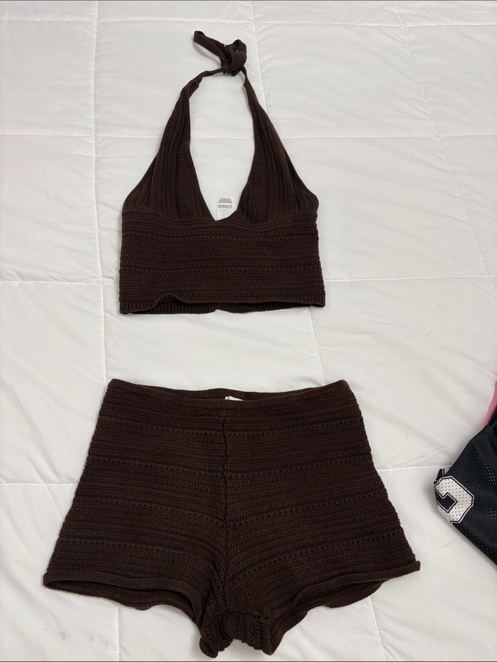 Garage Brown Crochet Halter Top and Shorts Set